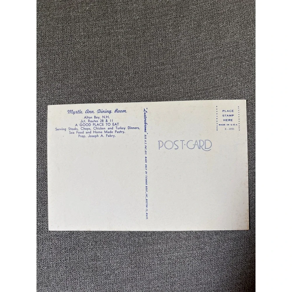 Vintage Myrtle Ann Dining Room Postcard Alton Bay NH Lusterchrome Tichnor Bros